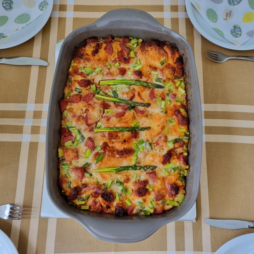 Breakfast Strata with Asparagus and Sausage